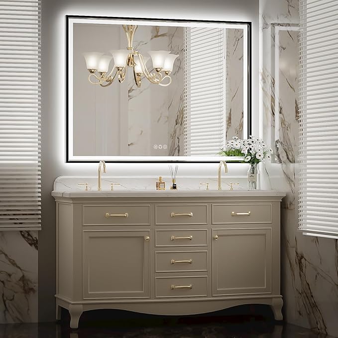 48x36 Inch LED Bathroom Mirror with Lights, Frontlit & Backlit Black Metal Frame Wall Mounted Lighted Vanity Mirrors, Double Lights Strips,Anti Fog Dimmable & 3 Colors Temperature