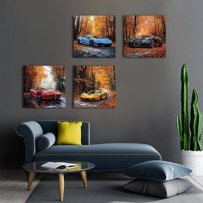 Car Poster Fall Forest Wall Art Framed Car Wall Decor for Teen Boys Man Bedroom Décor Sports Posters Ferrari Lamborghini McLaren Bugatti Canvas Pictures for Office Living Room Decorations Toddler Gift