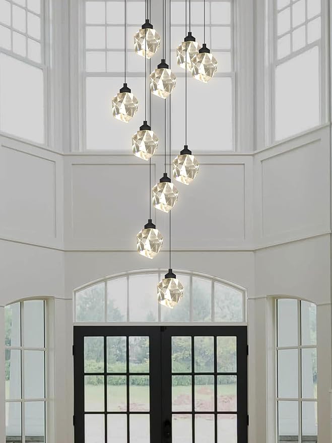 10-Lights Crystal Chandeliers for Living Room 120 inches Black Long Staircase Chandelier Foyer Entrance Crystal Ceiling Chandeliers LED Dimmable 3000-6000K