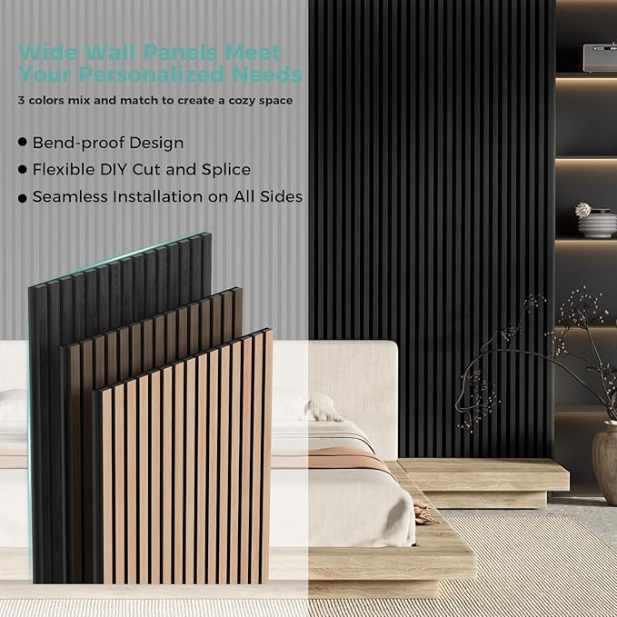 2-Pack 47.2" x 23.6" Decorative Acoustic Panels, Soundproof Slat Wall Panels for with Felt Backing, Sound Absorbing Art Wall Paneling for Office and TV Background, Charcoal Black