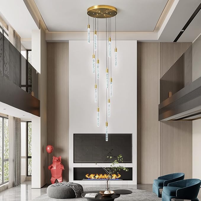 12-Light Modern Living Room Chandelier Gold Brass Finish Crystal Ceiling Pendant Lights LED Dimmable 72W 6000K Staircase Large Chandeliers for Entryway Lobby Foyer High Ceiling Chandeliers