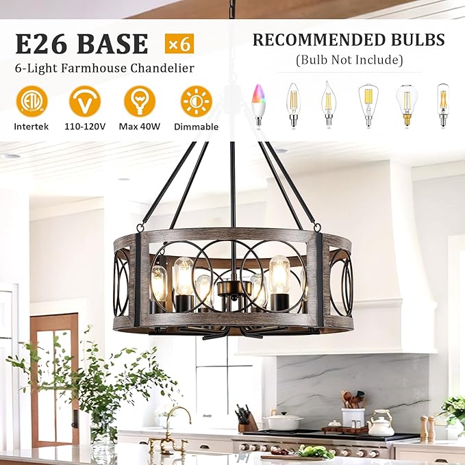 21.6'' Farmhouse Chandelier for Dining Room 6-Light Rustic Chandeliers Metal Black and Wood Grain Finish Drum Light Fixture for Bedroom Living Room Entryway Foyer Kitchen Island Lighting, E26