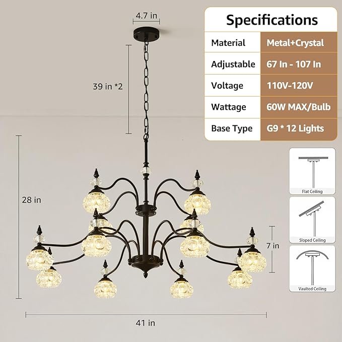 2 Tier Vintage Crystal Chandelier, 41-inch Black Victorian Chandelier 12-Light, Antique Pendant Light for Living Room, Bedroom, Dining Room, High Ceiling, G9