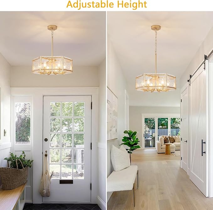 6-Light Gold Glass Chandelier, 18.7" Modern Textured Glass Drum Chandelier for Dining Room, Luxury Crystal Round Hanging Light Fixture for Kitchen Living Room Hallway Bedroom