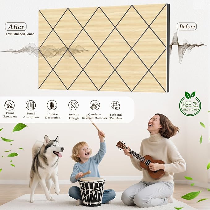 4Pack Acoustic Wall Panel, Self-Adhesive Soundproof Foam Panels for Wall, 3D Perforated Tri-Layer Polyester Fiber Decorative Acoustic Insulation for Recording Studio, Office, Home, 24×12×1.78" Rhombus
