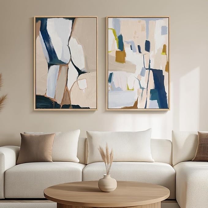 Large Framed Neutral Abstract Wall Art, 2 Piece Beige and Navy Blue Modern Minimalist Canvas Prints Paintings Artwork for Walls, Colorful Pictures for Living Room Dining Bedroom Wall Decor 20x30 In