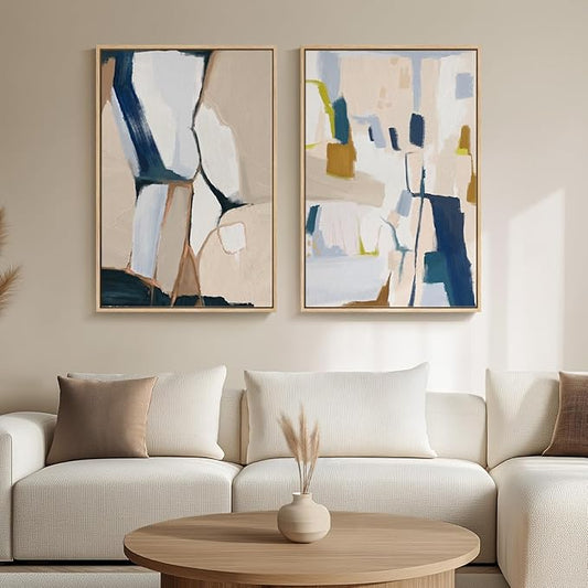 Large Framed Neutral Abstract Wall Art, 2 Piece Beige and Navy Blue Modern Minimalist Canvas Prints Paintings Artwork for Walls, Colorful Pictures for Living Room Dining Bedroom Wall Decor 20x30 In