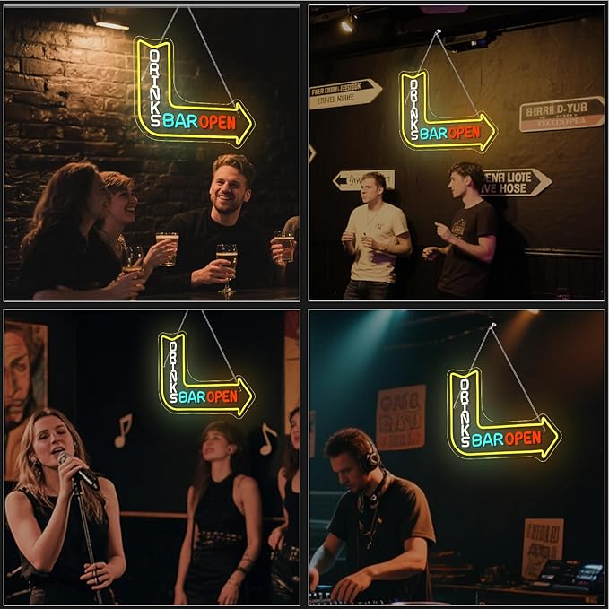 Looklight Drinks Bar Open Neon Sign for Wall Decor Right Arrow LED Light Sign Decoration for Bar Restaurant Man Cave Parties Cart Accessories, Get Your Business Seen Day Or Night
