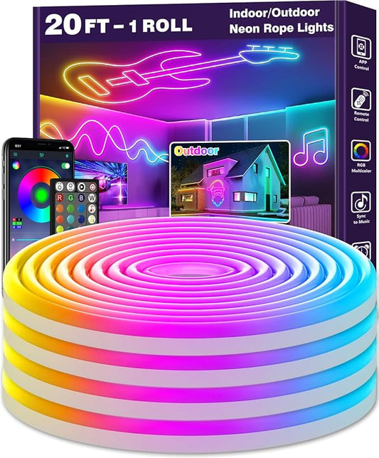 20Ft Neon Rope Lights,Flexible Led Rope Lights Control with App/Remote,Multiple Modes Rope Lights,IP65 Outdoor RGB Led Neon Lights Waterproof,Music Sync Gaming Led Neon Light Strip for Bedroom Decor