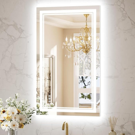 Keonjinn LED Bathroom Mirror 40” x 24” with Frontlit and Backlit, Stepless 3 Colors Temperature & Dimmable Vanity Mirror, UL Listed LED Driver, Double Light Strips, Tempered Glass Mirror with Lights