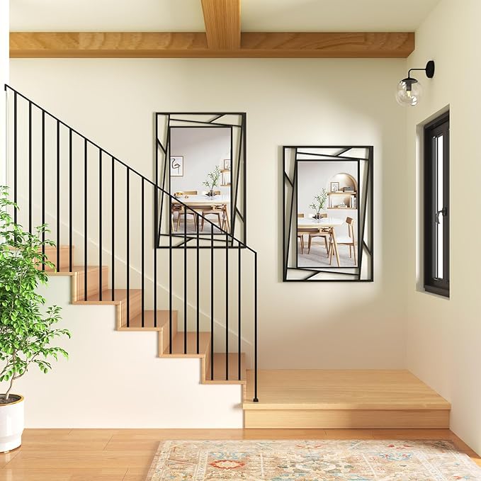 Black Bathroom Mirror, 36''X24'' Rectangle Decorative Wall Mirrors with Geometric Metal Frame for Bathroom, Living Room, Bedroom, Entrance, Expands Space, Horizontal/Vertical