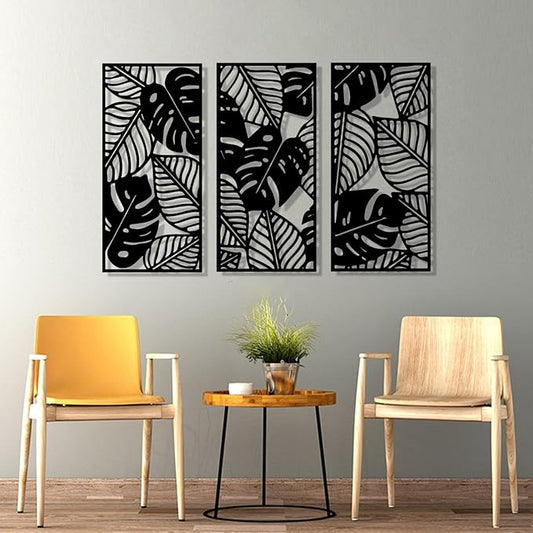 3 Pcs Large Leaves Boho Tropical Palm Leaf Wall Art, Metal Hanging Decor for Living Room Bedroom Outdoor (37x18 inches / 94x45 cmx3 PCS, Black)