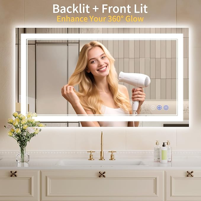 24"x42" LED Bathroom Mirror with Lights, Anti-Fog, Backlit + Front Lit, Dimmable, Led Vanity Mirror for Wall, Lighted Bathroom Mirror, 3 Colors, Shatter-Proof Tempered Glass