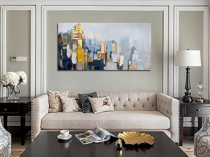Arjun Neutral Wall Art Painting Abstract Art Wall Decor Canvas, Large Textured Skyline for Living Room Gold Painting Modern Wall Art for Men Bedroom Cityscape Artwork Home Office Wall Decor, 48"x24"