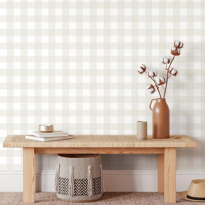 Cohoo Home Plaid Peel and Stick Wallpaper Boho Plaid Contact Paper for Cabinets Checkered Neutral Contact Paper Self Adhesive Removable Wallpaper for Bathroom Nursery Waterproof 17.3inW 78.7inL