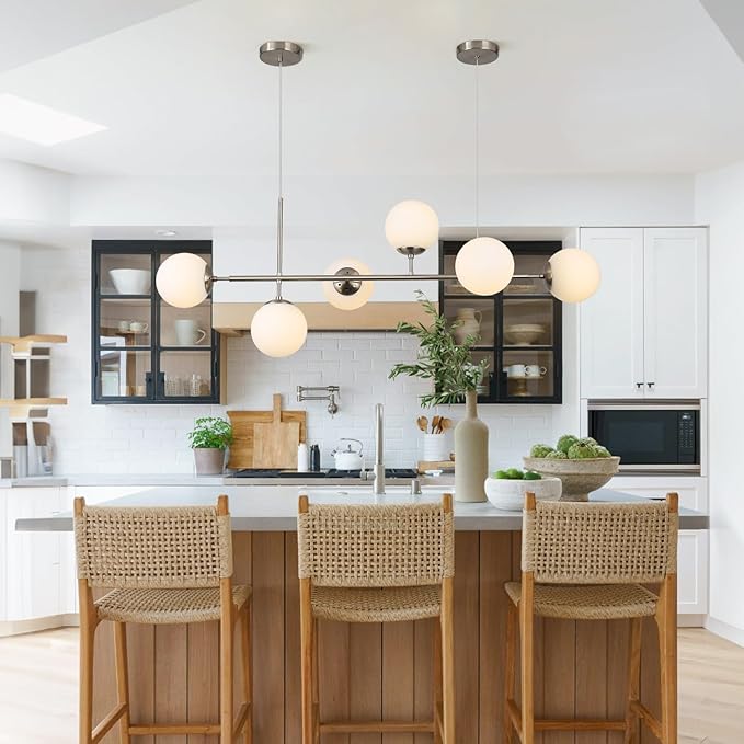 KCO Modern Silver Milk Glass Pendant Light 6 Light Pendant Light Fixture Chandelier Brushed Nickel Chandelier Modern Hanging Linear Light Fixture for Dining Room Kitchen Island