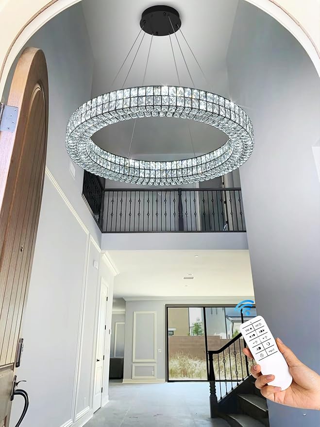 47.5 inch Large Black Chandelier Round Crystal Chandelier Light for High Ceiling Ring Pendant Hanging Ceiling Light Led Dimmable 2700k-6000k