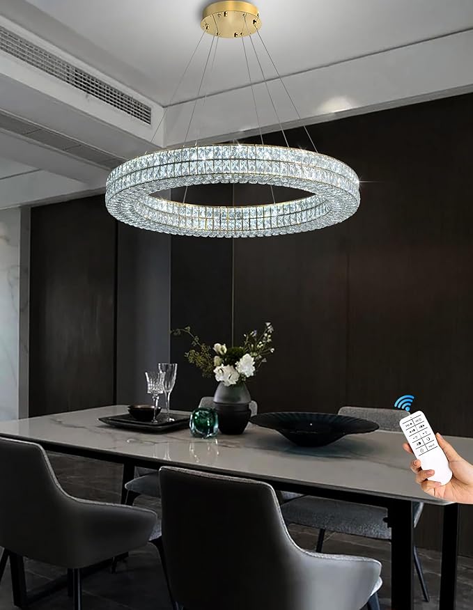 Led 32in Gold Ring Chandelier, Modern Crystal Chandelier Lighting Hanging Ring Adjustable,Round Crystal Ceiling Light Fixture for Living Room Dining Room Bedroom