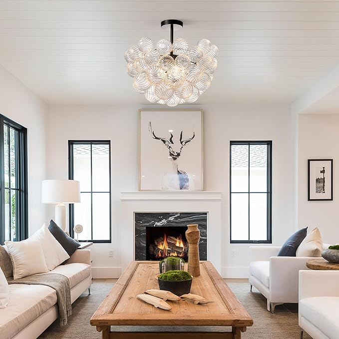 Bubble Ball Semi Flush Mount Ceiling Light Fixture,Dia 20 Inch Bubble Close to Ceiling Light Fixtures,Black Glass Crystal Semi Flush Light Fixture