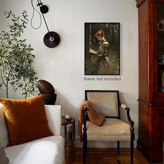 Lady Knight Reading In The Forest Wall Art, Vintage Woman Knight Oil Painting, Medieval Fantasy Poster Canvas, Dark Academia Wildflower Field Picture, Reading Wall Art for Bedroom 12x16in Unframed
