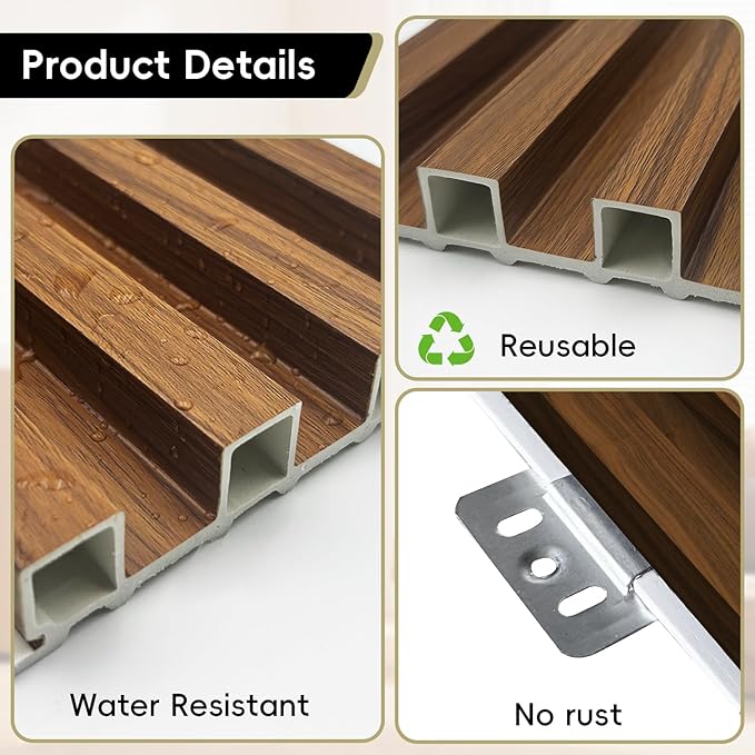 10Pack WPC Wall Panels, 96 x 6.4 x 0.8Inches Slat 3D Fluted Panels, Wall Decor for TV Background, Living Room (Teak)