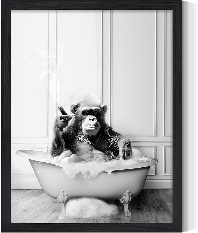 KBKBART Framed Bathroom Decor Wall Art, Chimpanzee in Bathtub, Black and White Wall Art, Funny Bathroom Wall Decor Signs, Cute Animal Art Home Decor (Framed,8''x10'')