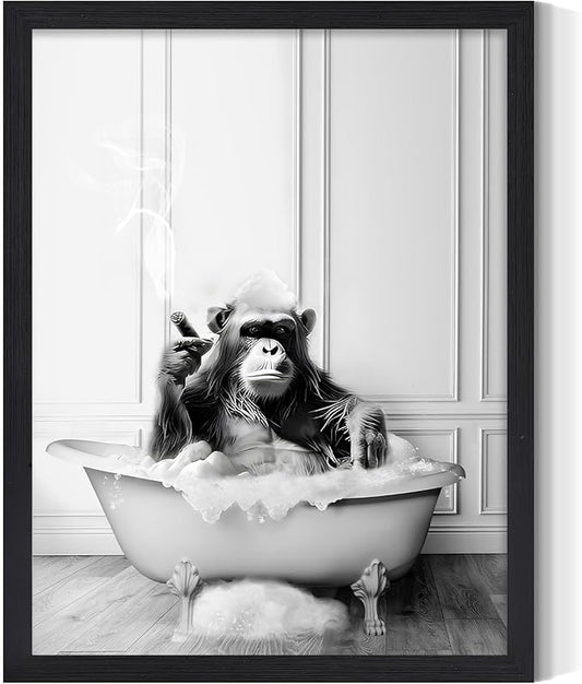 KBKBART Framed Bathroom Decor Wall Art, Chimpanzee in Bathtub, Black and White Wall Art, Funny Bathroom Wall Decor Signs, Cute Animal Art Home Decor (Framed,8''x10'')