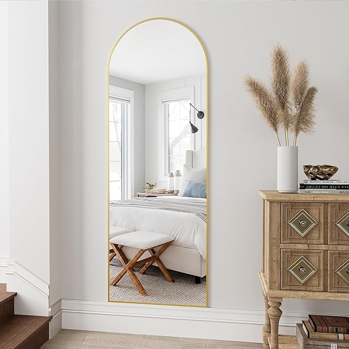 Arched Gold Full Length Mirror, 58"X18" Large Floor Mirrors with Stand for Leaning or Hanging, Full Body Mirrors for Living Room,Bedroom, Dressing Room, Aluminum Alloy Frame, Gold