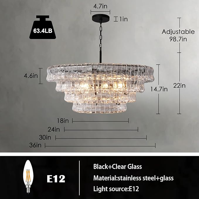 Clear Glass 36 inch Round Chandelier for Dining Room, Modern Drum Black Pendant Light Fixture with Crystal Glass Bubbles, Large Ceiling Light