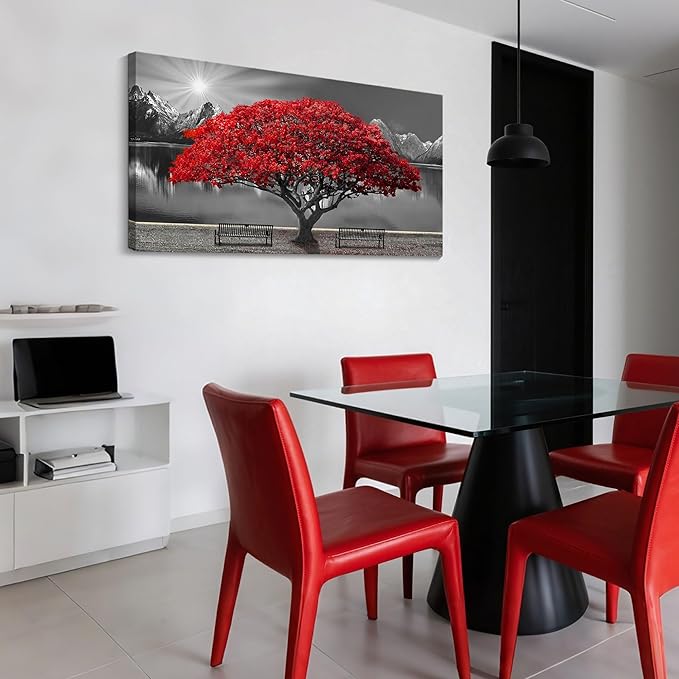Mofutinpo Black and White Red Tree Wall Art Canvas Print Picture Large Red Tree Landscape Modern Artwork for Living Room Bedroom Office Home Wall Decoration Decor With Frame 20x40in