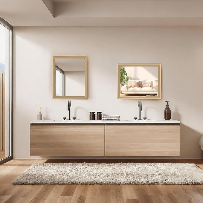 Oak Wood Effect Framed Wall Mirror, 16x20 Rectangle Mirror, 1/8" Anti-desilvering Tempered Glass, Sustainable&Sturdy Frame, Anti-Rust, HD Reflection &3min Fast Setup for Bathroom Living Room