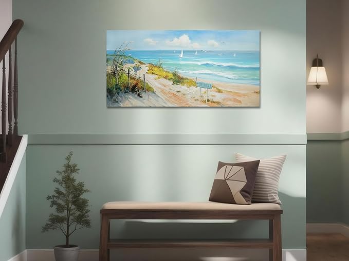 Arjun Ocean Wall Art Canvas Coastal Beach Painting Blue Landscape Picture Sailboat Textured Large Artwork Framed for Living Room Bedroom Bathroom Wall Decor, 40"x20"