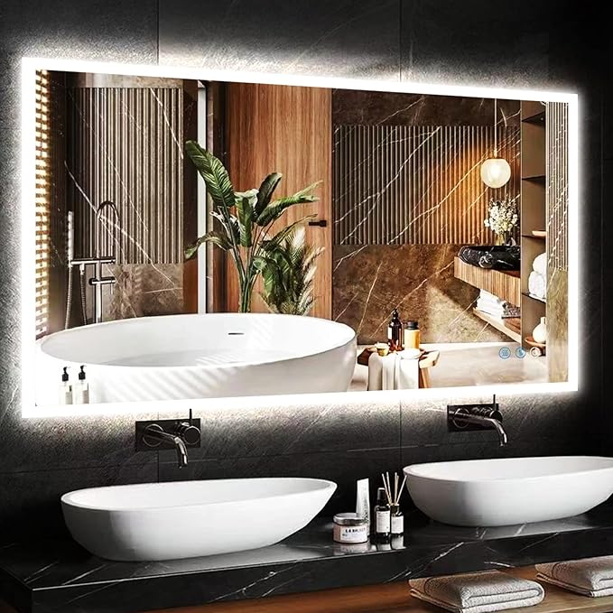48x30 Inch Backlit Lighted LED Mirror for Bathroom Wall 48 Inch LED Bathroom Vanity Mirror with Lights Bathroom LED Vanity Mirror Antifog 3 Color Dimmable Backlit Light up Smart LED Mirrors