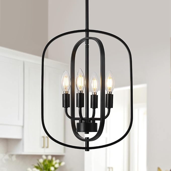 Black Chandeliers for Dining Room, 4-Light Farmhouse Entryway Chandelier, Simple Laundry Room Chandelier, Metal Hanging Light Fixture for Kitchen Island Foyer Stairway Hallway Breakfast