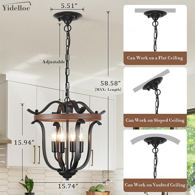 Black Farmhouse Chandelier 4 Lights, Vintage Cage Chandeliers E12 Base Ceiling Light Fixtures Semi Flush Mount Lantern Pendant Light for Dining Room Entryway Hallway Foyer Kitchen
