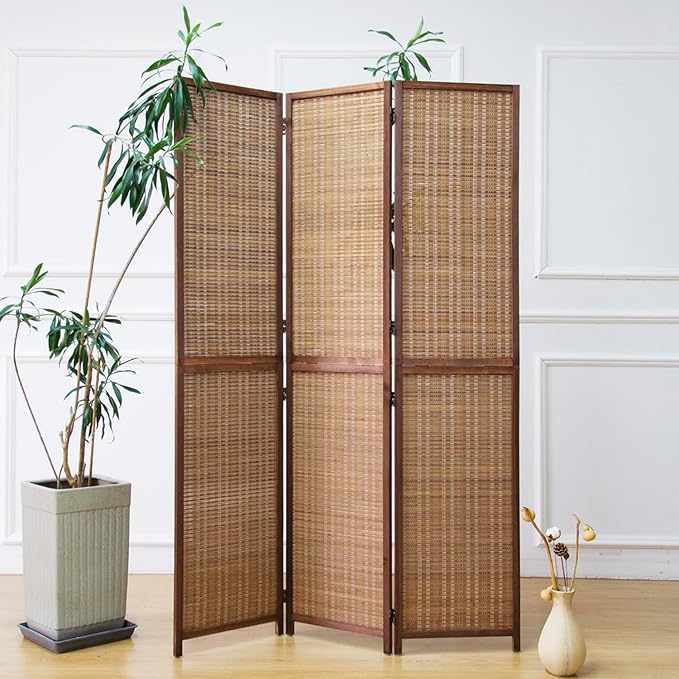 3 Panel Bamboo Room Divider and Folding Screen Divider,Two in One Detachable and Foldable Panel Divider for Room Separation,Brown,67" H x 46" W