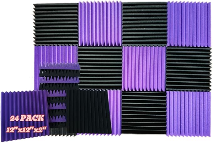 24 Pack, 12 x 12 x 2 inches, Acoustic panels, wall panels, sound panels, Used for soundproofing, Soundproof foam panels for walls(12 black+12 purple)