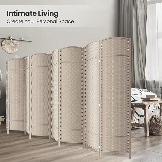 8 Panel Room Divider,6Ft Folding Privacy Screen,Tall - Extra Wide Foldable Panel Partition Wall Divider with Diamond Double-Weaved Hand-Woven Design Room Screen Divider