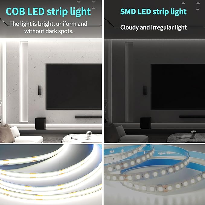 50FT COB LED Strip Lights White Dimmable DC 24V 6000K Flexible LED Tape Light for Bedroom, with Remote and app Control LED Tape Lights,for DIY Home Decoration