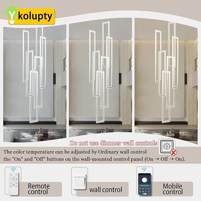 6-Rings Modern Chandelier,H138 Rectangle Chandeliers for Staircase,LED Dimmable High Ceiling Chandeliers Large Contemporary Chandelier for Villa Foyer Chrome