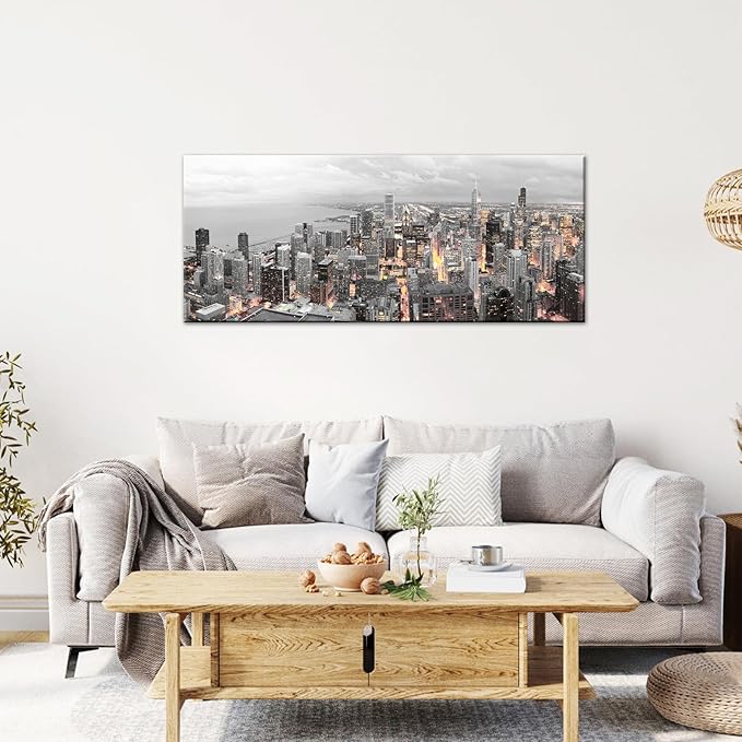 Conipit Black and White Canvas Wall Art Chicago Skyline Cityscape Canvas Print Chicago Panorama Picture Prints Framed for Living Room Bedroom Office Decor 20''X48''