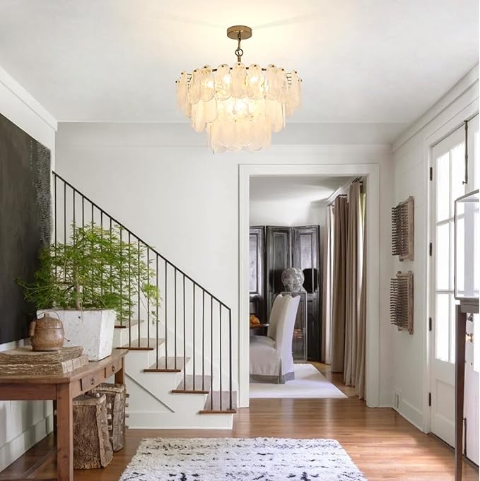 Modern Gold Glass Chandeliers, 9-Light Luxury Cloud Pendant Light Fixture, 3-Tiers Round Ceiling Hanging Light Fixture for Bedroom Dining Room Kitchen Island Living Room Entryway Bar L23.6'' (E12)