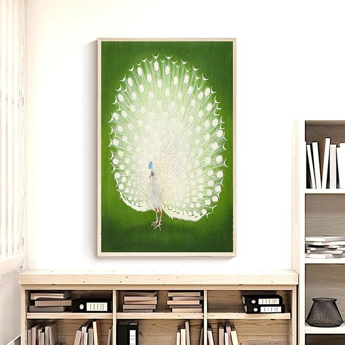 OZCONO White Peacock Wall Art Print, Japanese Style Bird Illustration, Green Background, UV-Resistant Giclée Print (30L x 20W)