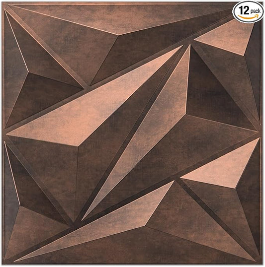 Art3dwallpanels PVC 3D Wall Panel Diamond for Interior Wall Décor, Wall Decor PVC Panel, 3D Textured Wall Panels, Pack of 12 Tiles, Antique Copper
