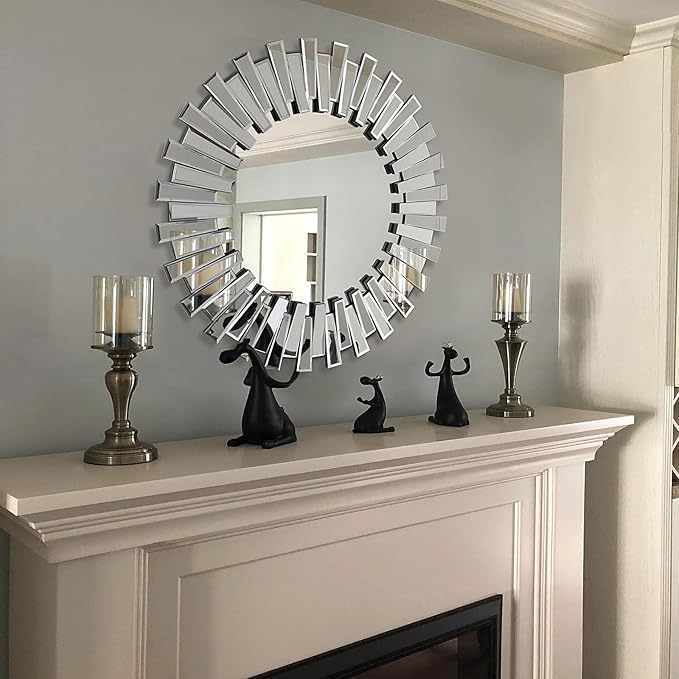 BST FURNH Large Round Mirror Wall Decor 32 Inches Big Decorative Wall Mirror with Irregular Framed and Beveled Edge Mirrors for Wall Silver Large Wall Mirror Frameless Mirrors