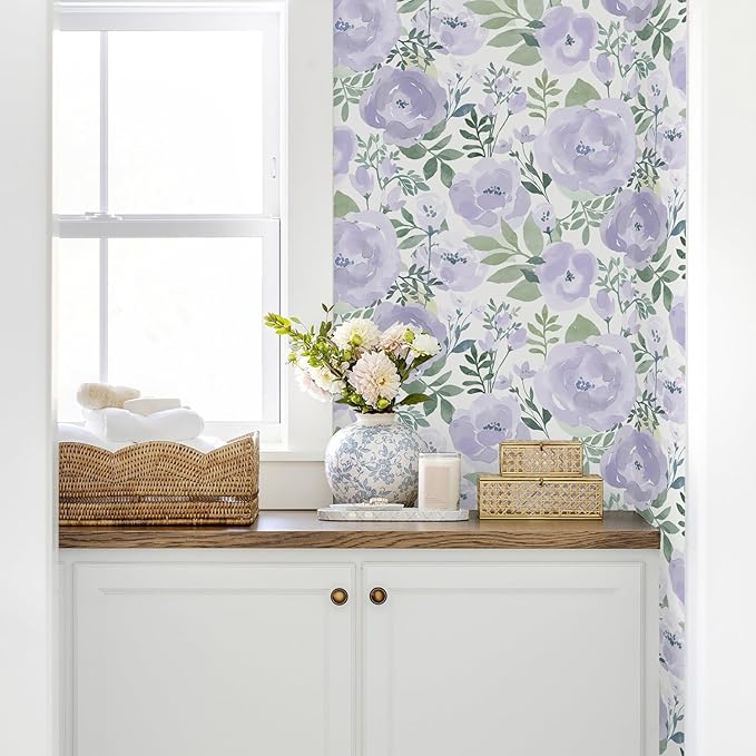 Orainege Floral Wallpaper Peel and Stick Wallpaper Floral Contact Paper 16.9in x196.8in Boho Peony Self Adhesive Removable Wall Paper for Bedroom Decor Vinyl, Purple