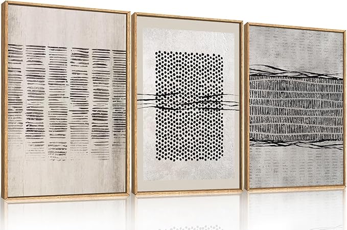 Large Abstract Black and Beige Framed Canvas Wall Art,Minimalist Geometric Lines Wall Decor,Cozy Neutral Shapes Artwork,Modern Lines Dots Art Print for Living Room,Bedroom,Office- 16"x24"x3