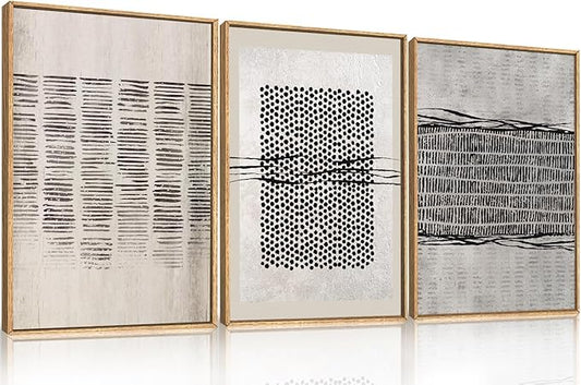 Large Abstract Black and Beige Framed Canvas Wall Art,Minimalist Geometric Lines Wall Decor,Cozy Neutral Shapes Artwork,Modern Lines Dots Art Print for Living Room,Bedroom,Office- 16"x24"x3