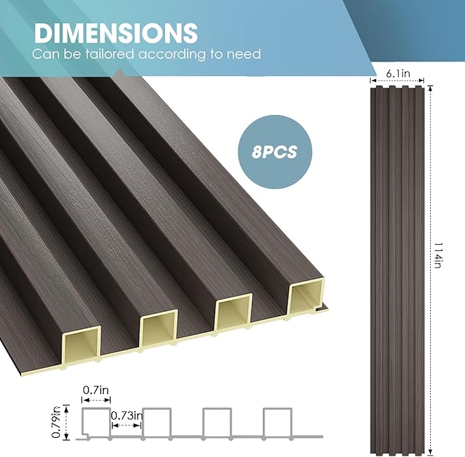 OUZUGIE WPC Acoustic Slat Wall Paneling, 8-Pack 114 x 6 Inches 3D Wall Panels for Interior Wall Decor,Living Room,TV Background,Study Room,Office Spaces,Bedroom,High Grille (Walnut)