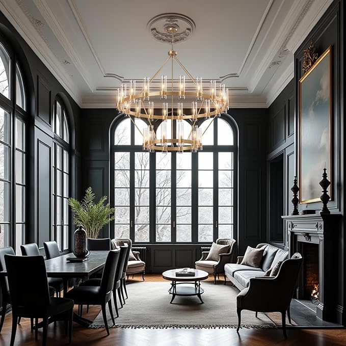 Large Wagon Wheel Chandelier, 30 Light Gold Round Chandelier with Glass Shade,60 Inch Round Industrial High Ceilings Pendant Lighting Fixture for Dining Living Room, Kitchen Island, Foyer